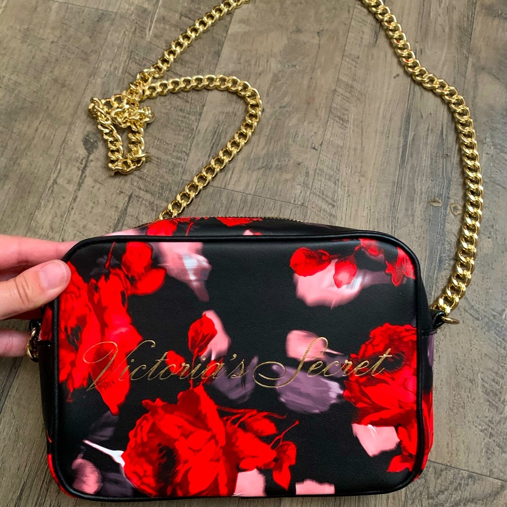 Victoria’s Secret Black Floral Crossbody with Gold Chainlink Strap